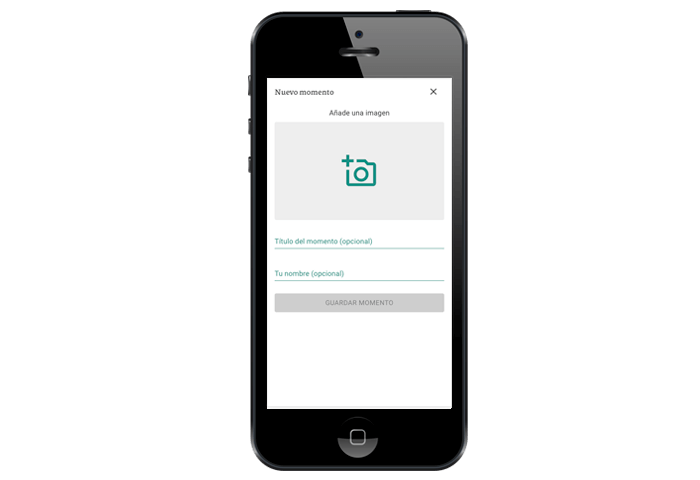 Pantalla para subir un nuevo momento con una foto, un título y tu nombre